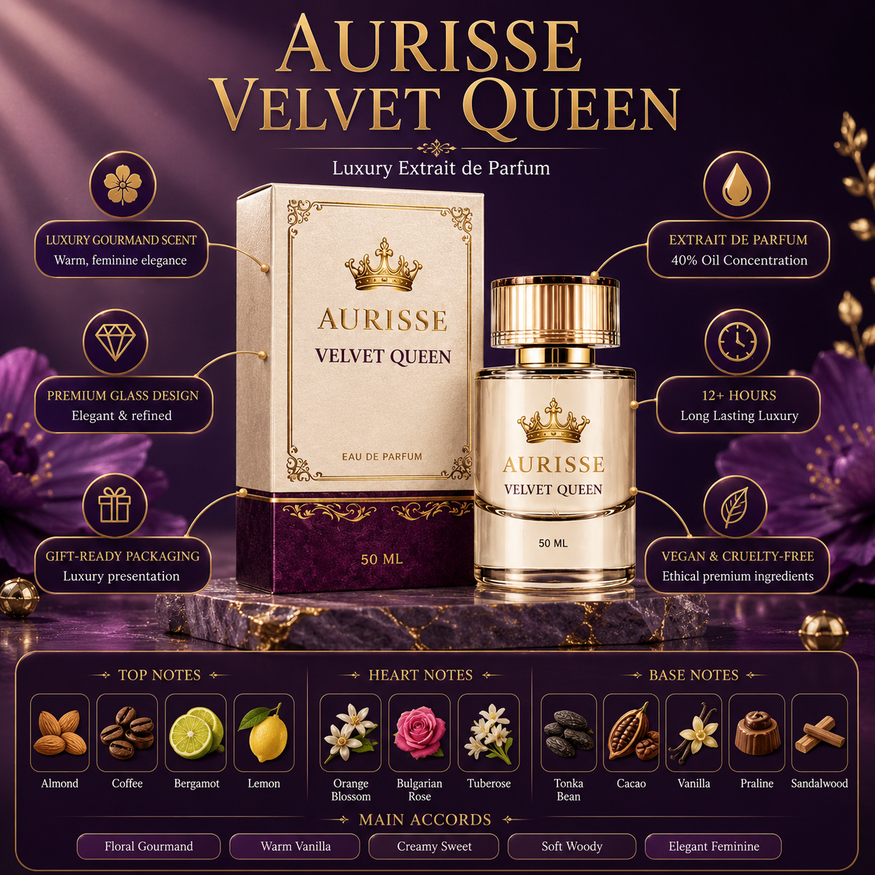 Velvet Queen 50ML Extrait de Parfum β 40% Oil Concentration | Long-Lasting Luxury Perfume for Women | Free Shipping