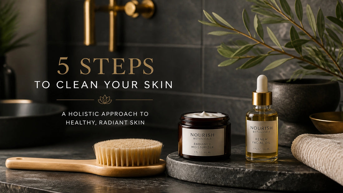 A professional wellness setting with natural skincare products and gold accents