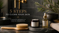 A professional wellness setting with natural skincare products and gold accents