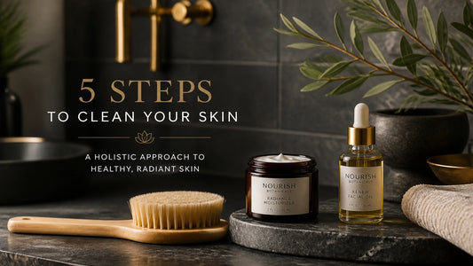 A professional wellness setting with natural skincare products and gold accents