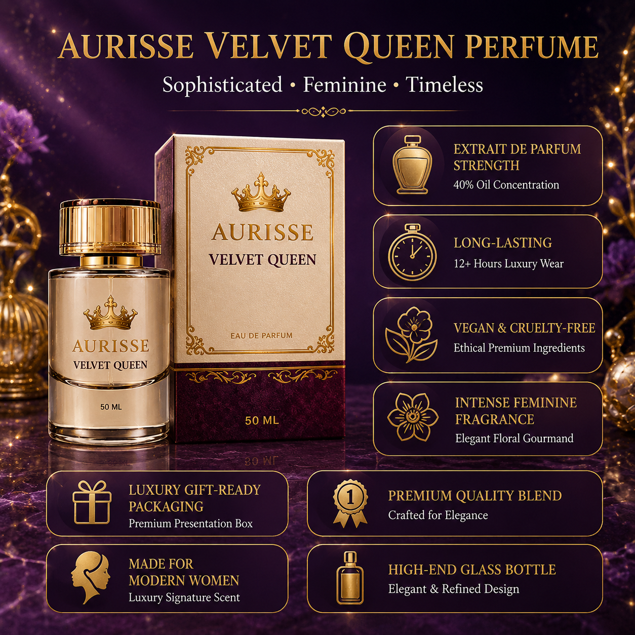 Velvet Queen 50ML Extrait de Parfum – 40% Oil Concentration | Long-Lasting Luxury Perfume for Women | Free Shipping